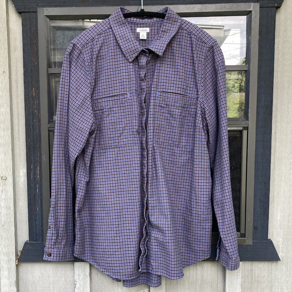 LL Bean Women's Plaid Flannel Shirt, Size XL, Blue Black Tan Cotton Pockets